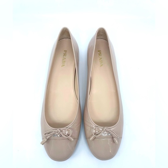 Prada Nude Patent leather silver logo embellished bowtie ballerina flats EU 41 - Picture 1 of 10